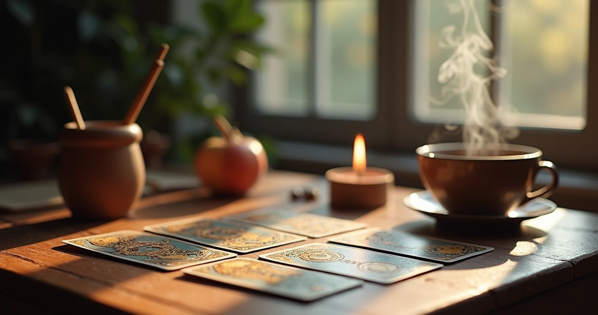 Tarot cards laid out on a wooden table with lit incense and a cup of tea 