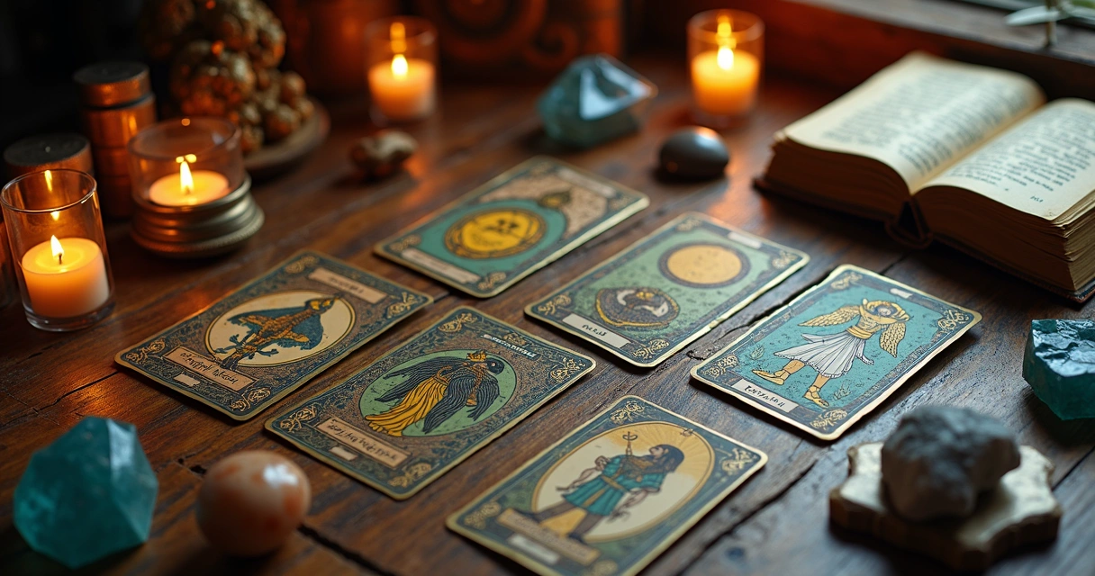 Close-up of tarot cards laid out on a wooden table with candles and crystals around in soft warm light 