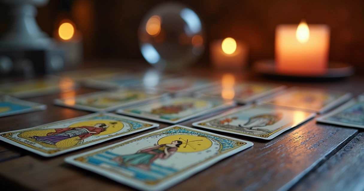 Tarot cards spread on a wooden table with mystical symbols and soft ambient lighting 
