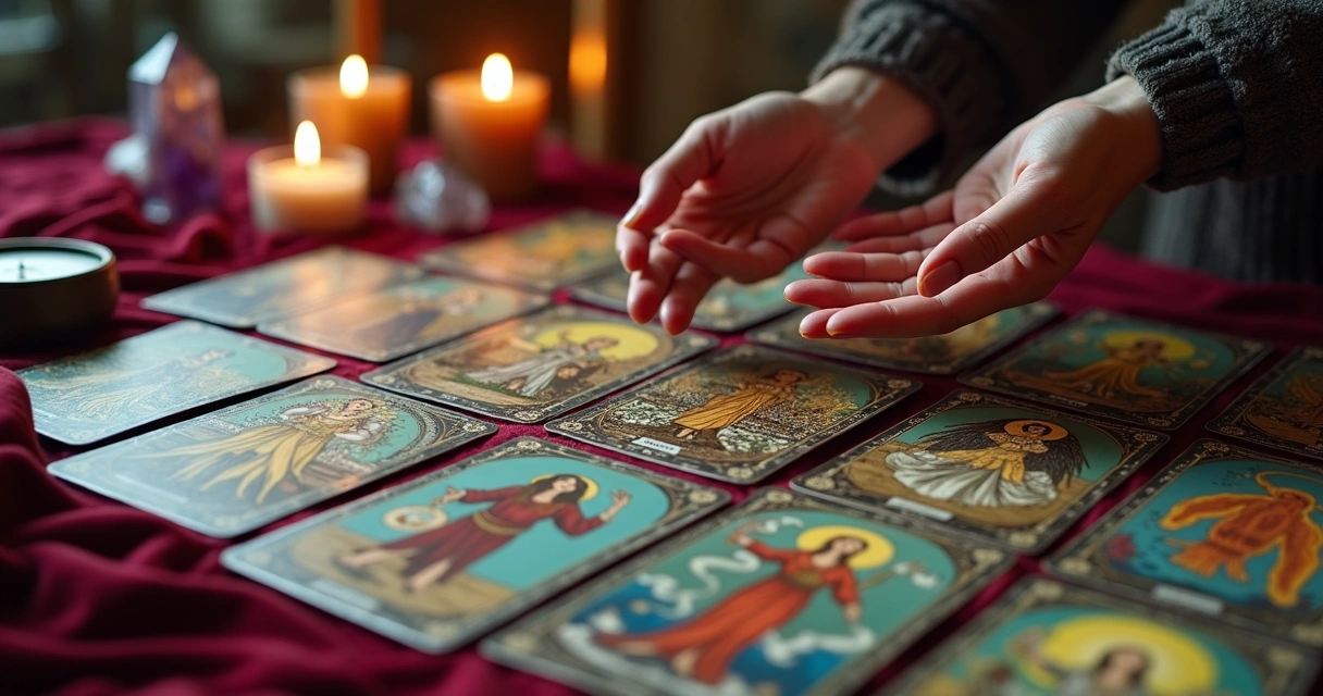 Tarot cards spread out on a wooden table 