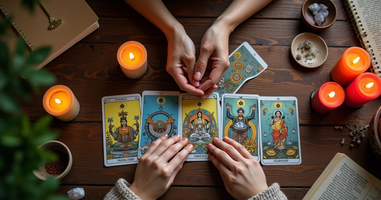 Cartas de tarot em uma mesa de madeira, com mãos femininas realizando uma tiragem
