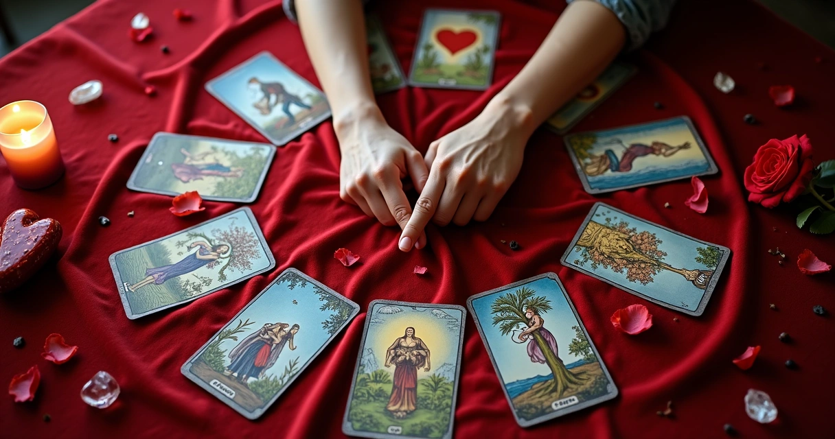 Cartas de tarot dispostas em círculo sobre uma mesa de veludo vermelho 