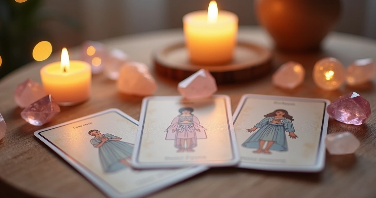 Três cartas de tarot dispostas sobre uma mesa com cristais ao redor 