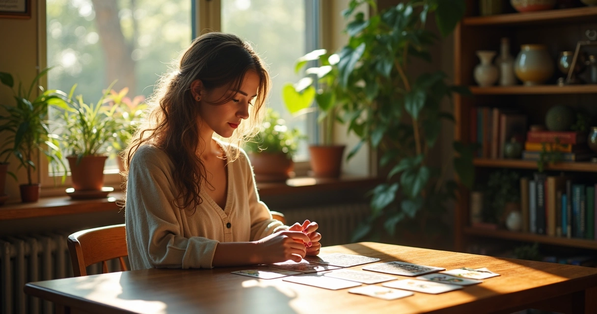 Cartas de tarot abertas ao lado de uma mulher concentrada lendo 