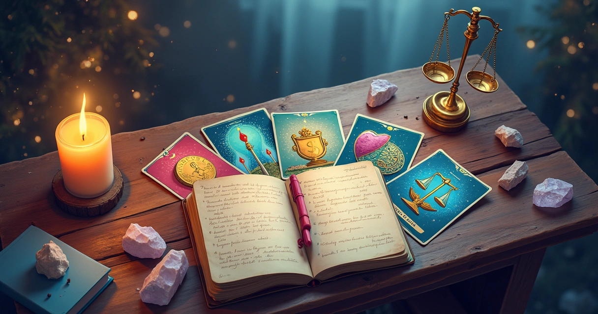 Ilustração de um baralho de tarot com cartas sobre uma mesa de madeira, rodeadas por cristais e uma vela acesa.