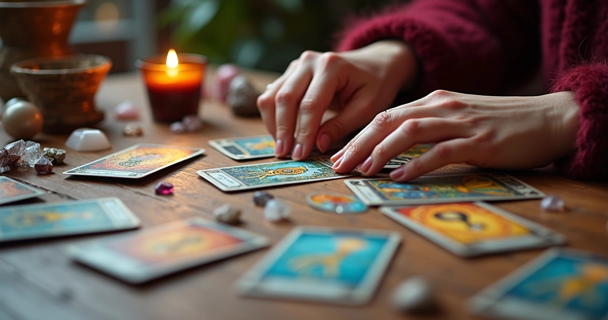Cartas de tarot sobre mesa colorida e mãos femininas próximas 