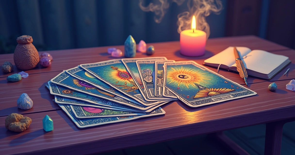 Ilustração de uma mesa com cartas de tarot, vela acesa e cristais, criando um ambiente místico.