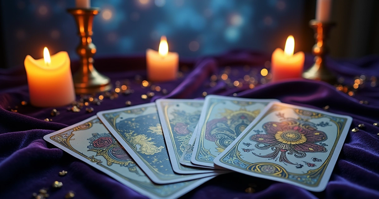 Tarot cards on dark velvet cloth, candles glowing, zodiac symbols, mystical atmosphere, representation of life insights