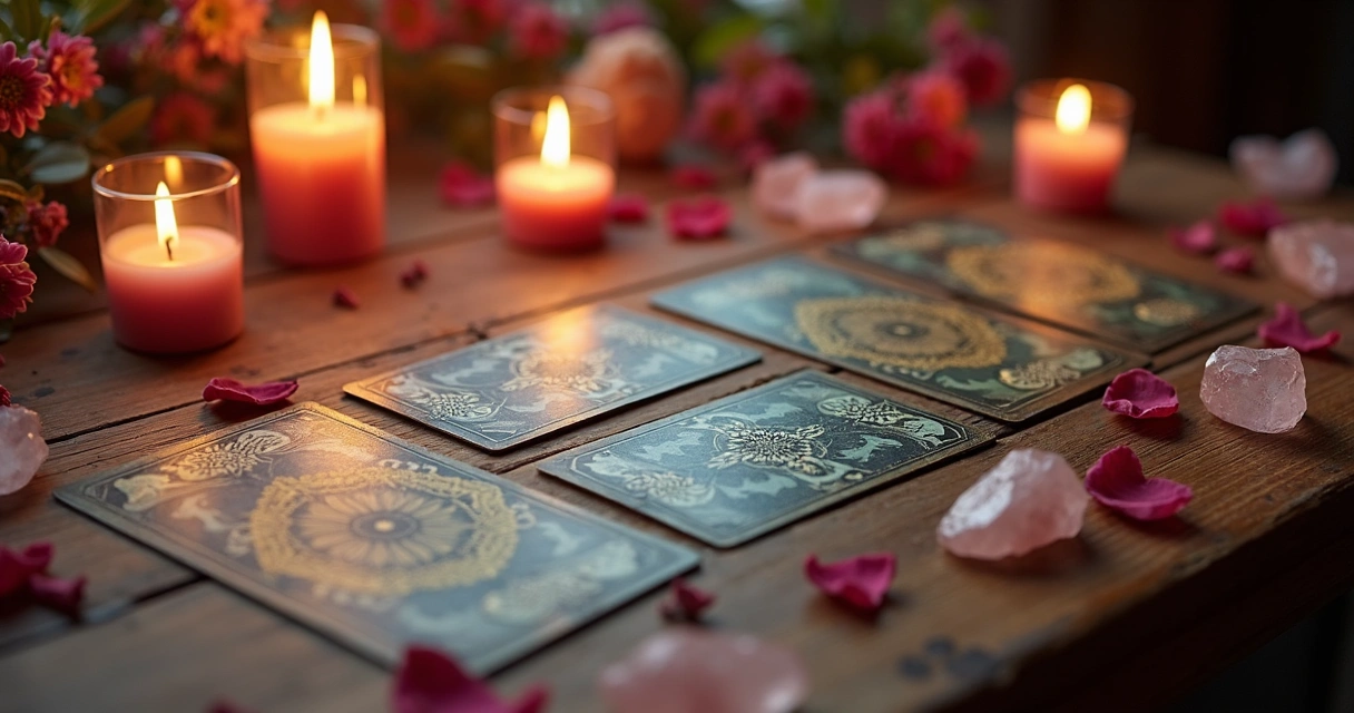 Cartas de tarot invertidas sobre mesa de madeira com velas e cristais ao redor. 