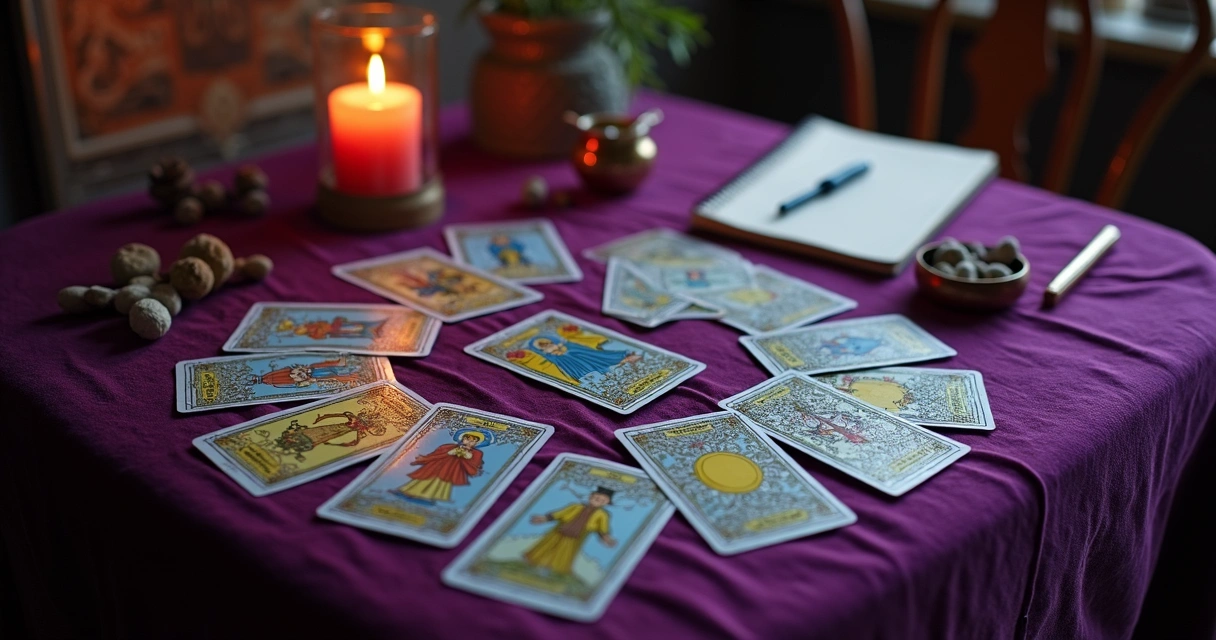 Mesa de cartas de tarot dispostas em semi-círculo 