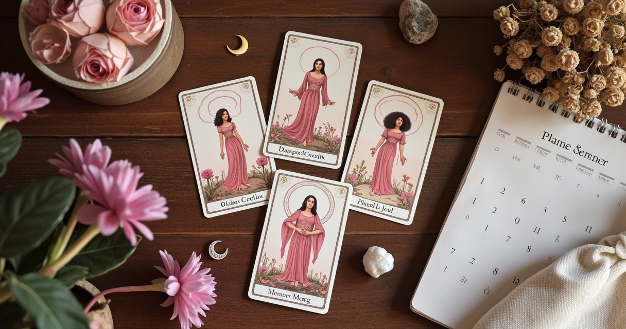 Cartas de tarot dispostas em círculo com elementos femininos e ciclo lunar 