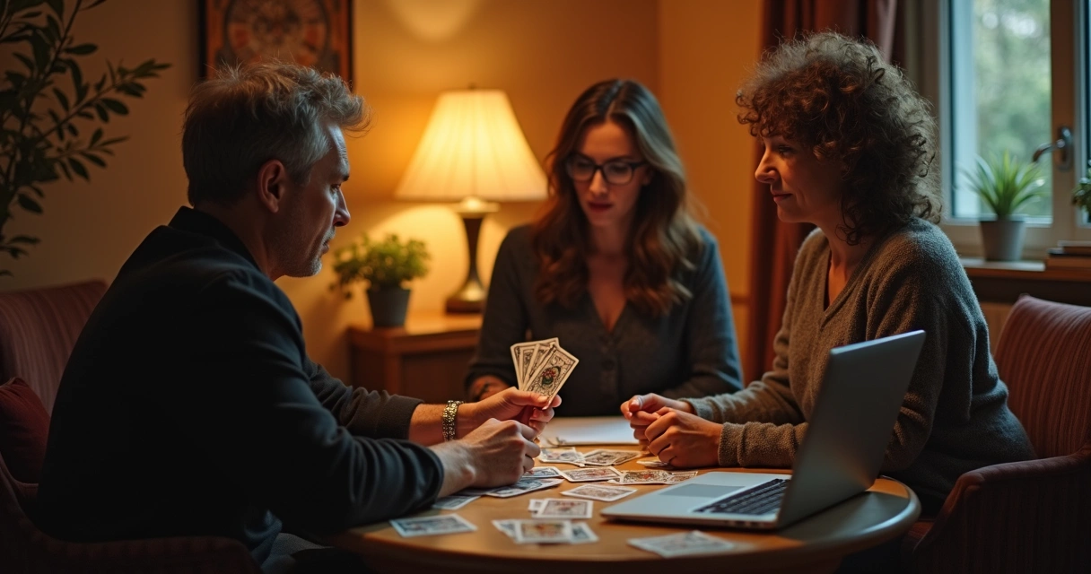 Tarot reader meeting client across table with cards and notes 