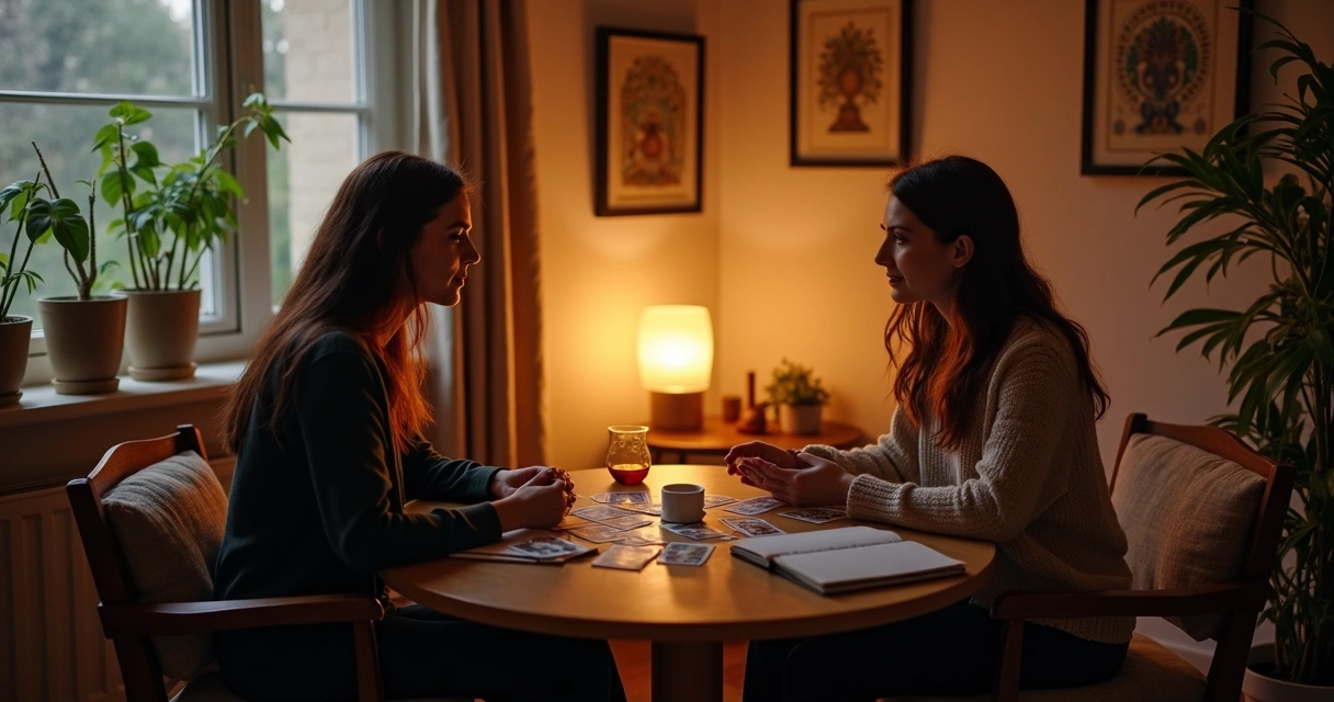 Tarot reader discussing Major Arcana spread with a client 