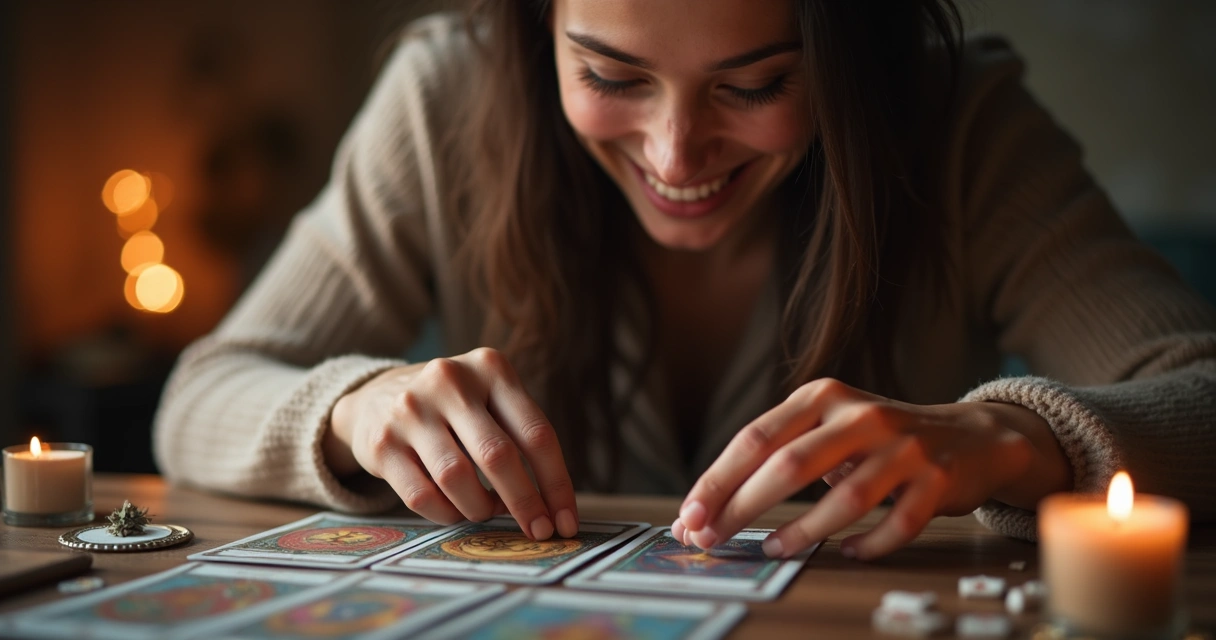 Pessoa sorrindo consultando tarot com cartas abertas 