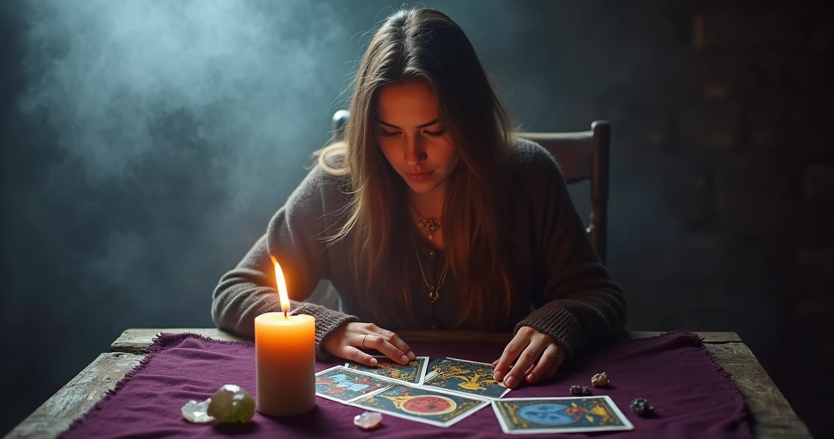Mulher sentada à mesa lendo tarot com vela acesa 