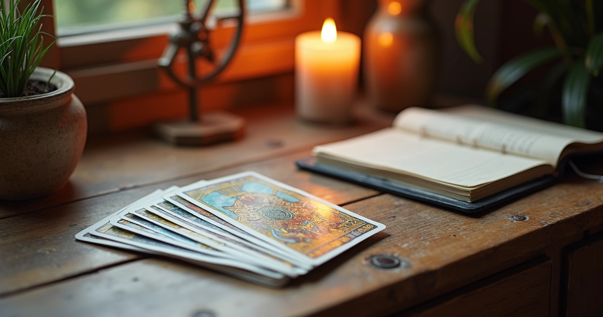 Tarot deck, notebook, and candle on a table 