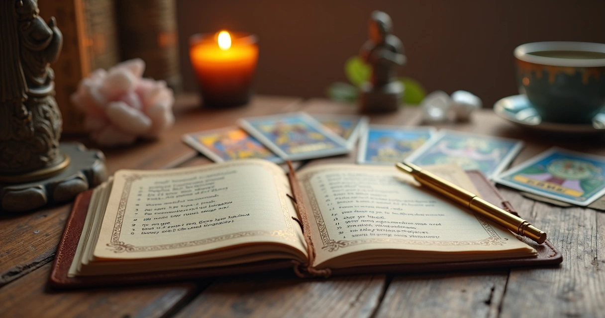 Tarot reader setting prices with tarot cards and notebook on a wooden table 
