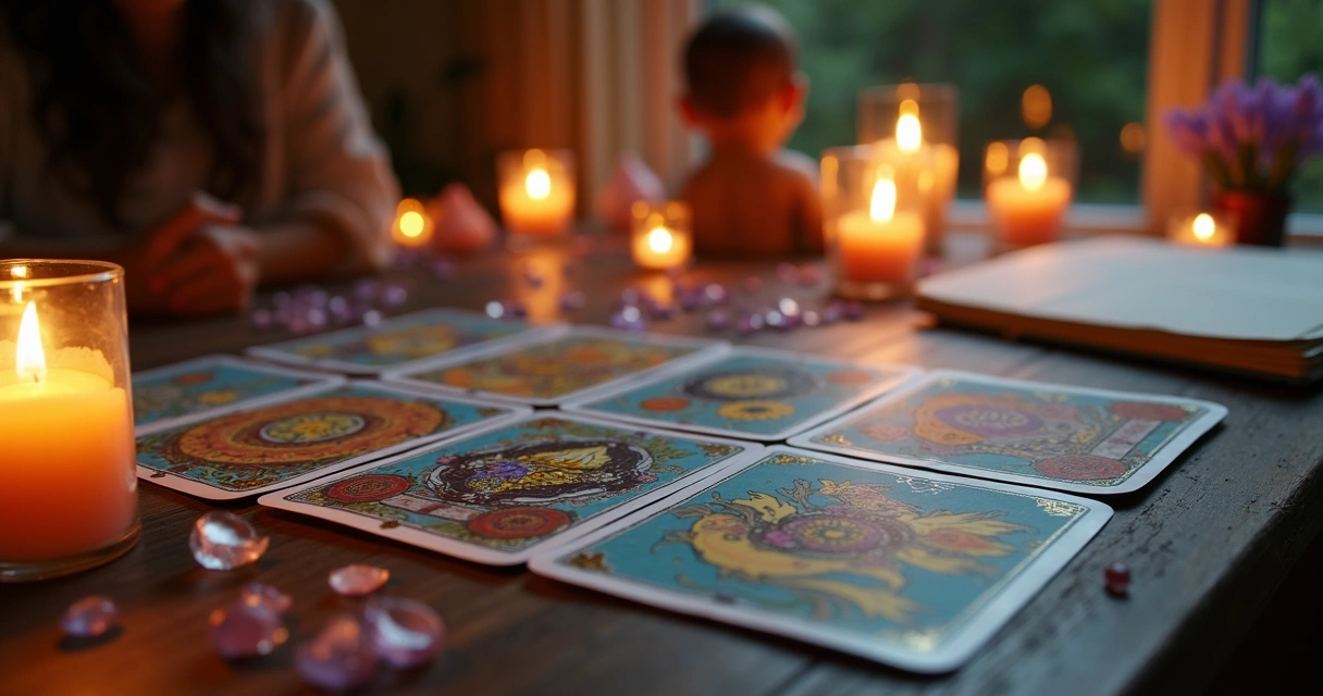 Tarot cards spread on a table with crystals and candles 