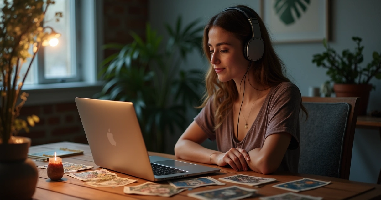 Mulher consultora de tarot com fones conduzindo atendimento online