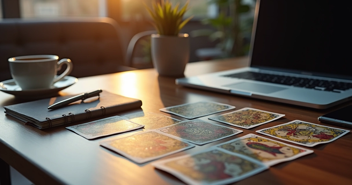 Cartas de tarot e objetos de escritório em uma mesa de trabalho 