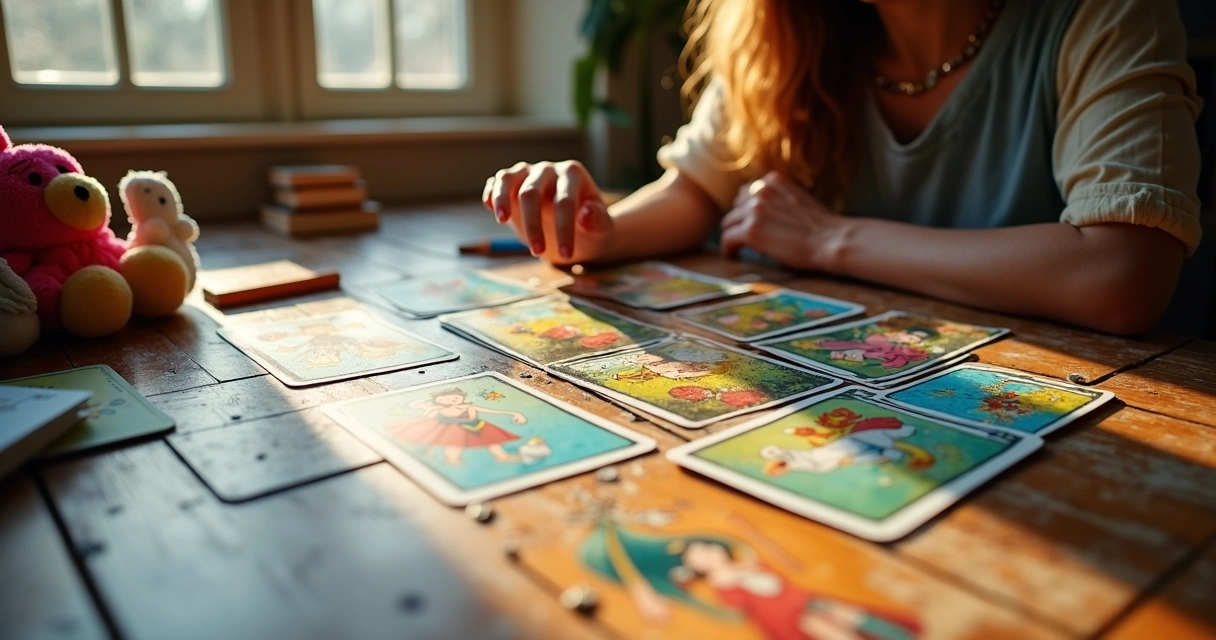 Cartas de tarot coloridas com desenhos infantis em uma mesa 