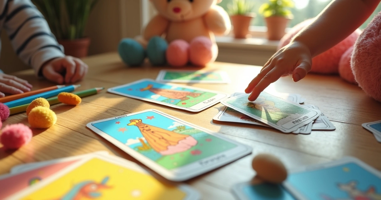 Cartas de tarot coloridas em uma mesa de madeira clara ao lado de brinquedos infantis 