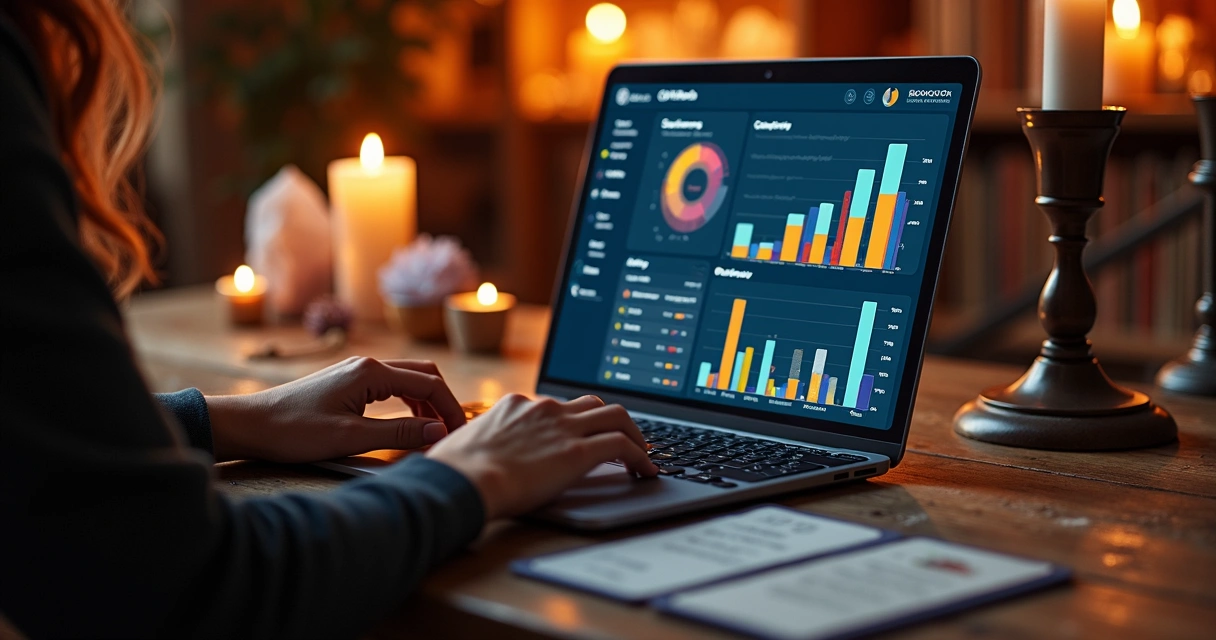 Tarot reader checking client information on CRM dashboard, consulting notes beside a tarot deck 