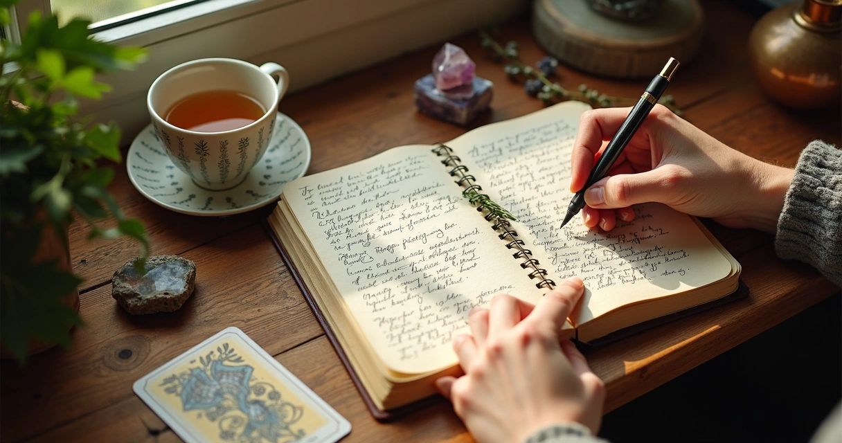 Journal, tarot cards, hand writing Nine of Pentacles insights on wood desk 