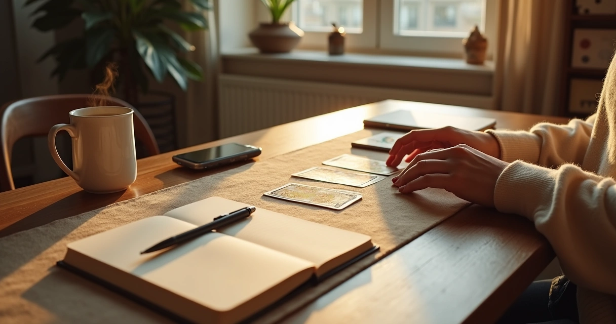 Person using tarot cards at a desk to plan daily decisions 