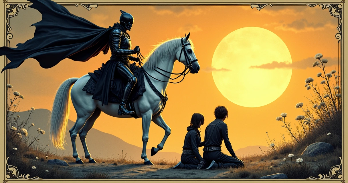Illustration of tarot Death card with skeletal horseman, white rose banner, sun rising in background 