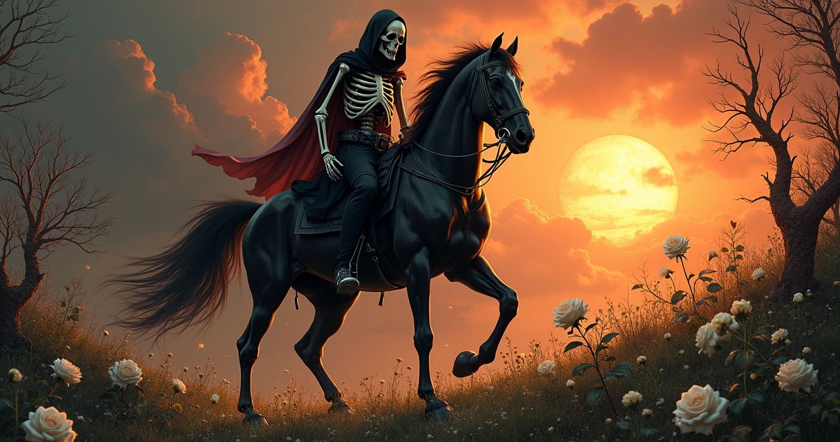 Detailed tarot Death card with skeletal figure, black horse, white rose, and sunset background 