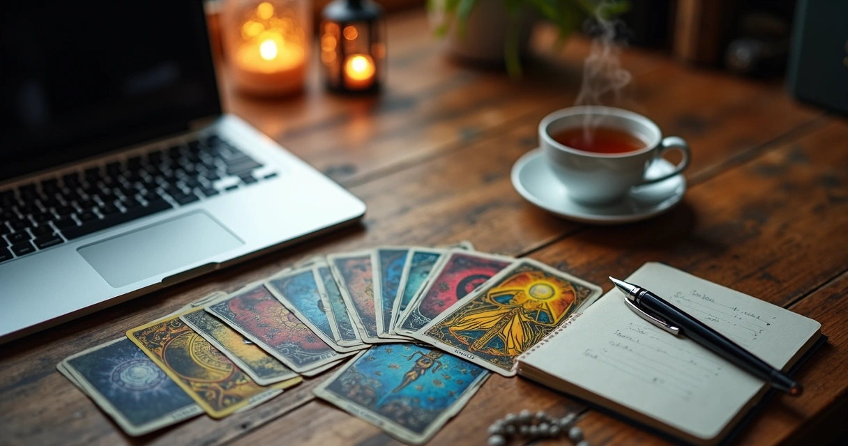 Cartas de tarot dispostas sobre uma mesa ao lado de um bloco de notas e uma caneta