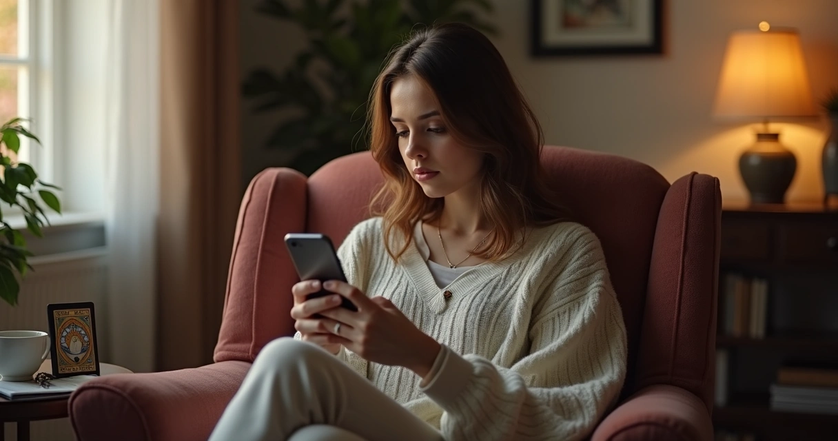 Pessoa pensativa lendo resposta de tarot no celular 