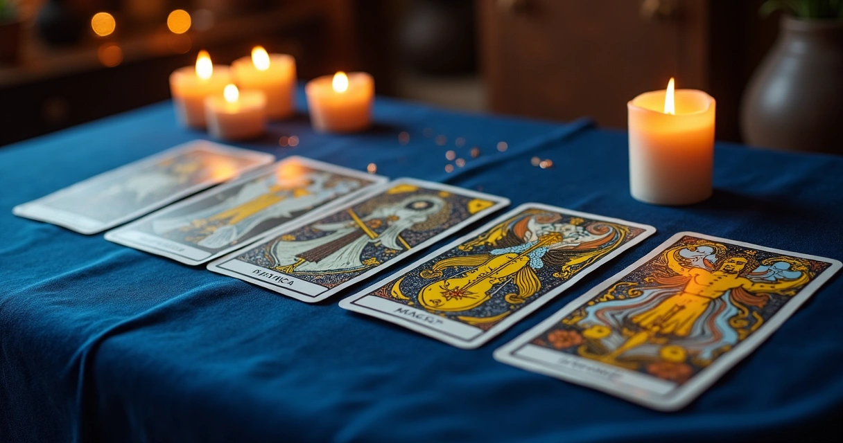 Tarot deck split into major and minor arcana on a velvet cloth 