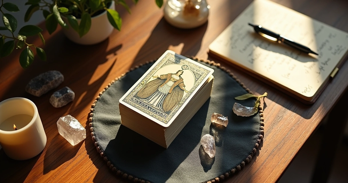 Tarot deck on a cloth with candle and morning light 