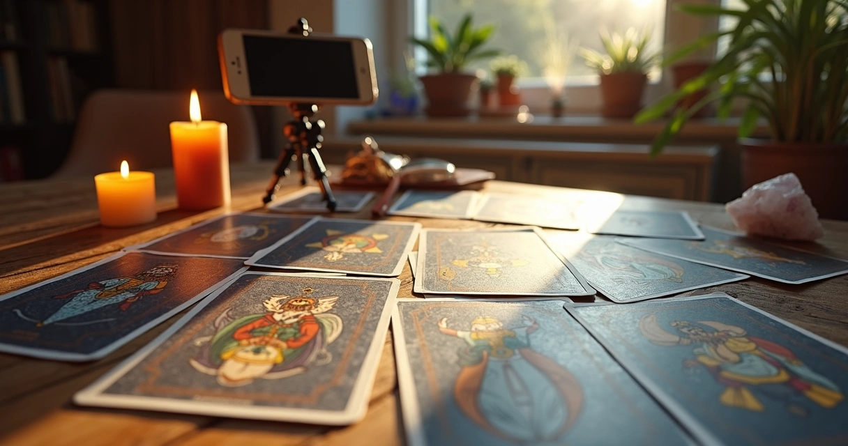 Tarot deck displayed in a video setup with candles and crystals 