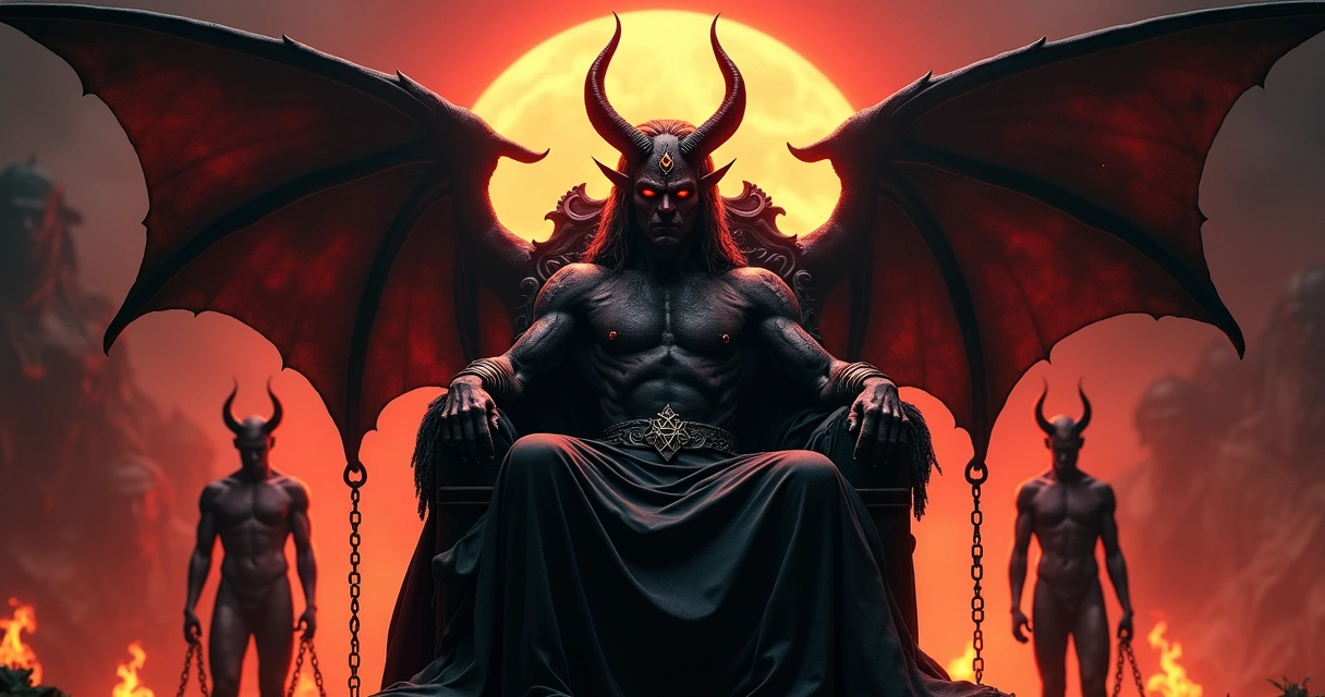 Detailed Tarot Devil card showing a horned figure with wings, chained humans below, dark gothic background with fiery tones 