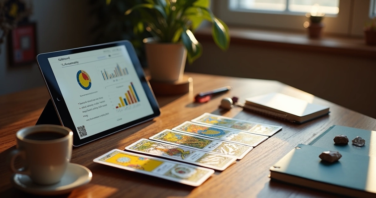 Tablet showing a digital tarot reading dashboard beside physical cards 