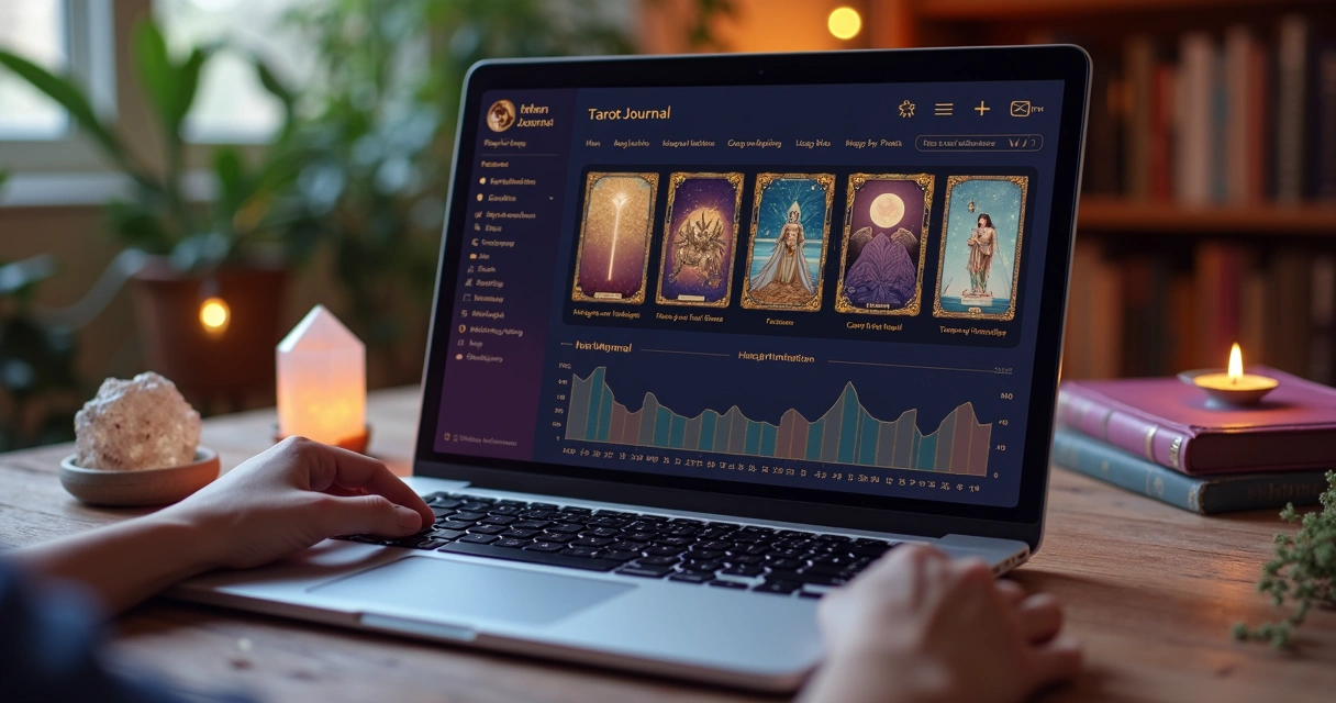 Tarot digital journal interface with cards and notes 