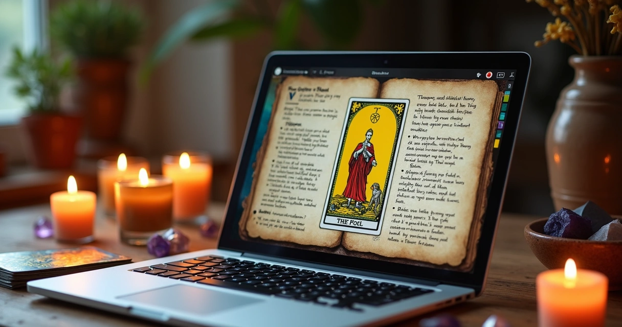 Digital journal open on laptop with tarot notes and The Fool card image 