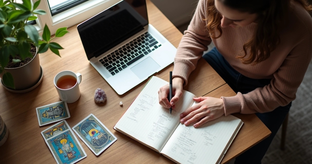 Person writing tarot reading on laptop with tarot cards and notebook nearby 