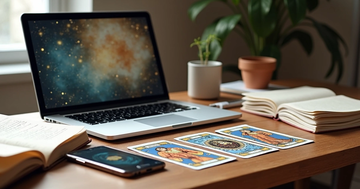 Digital tarot tools and study materials on a wooden desk. 