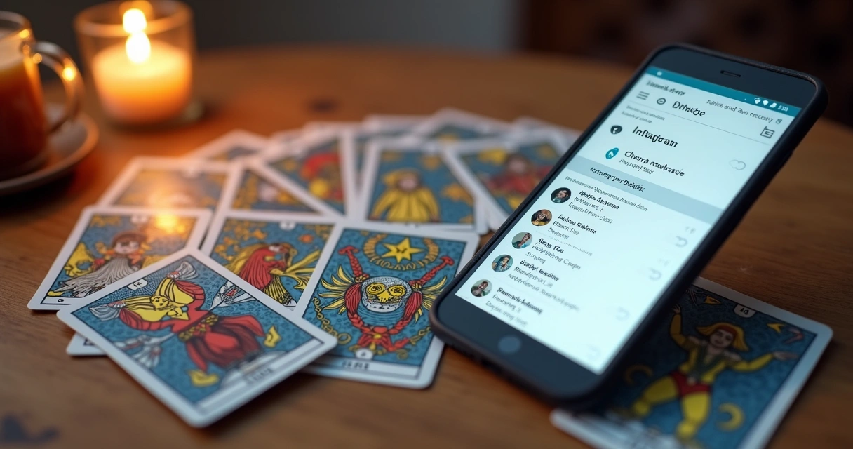 Split image of Tarot cards with a mobile phone showing Instagram feed and another phone with a directory website listing Tarot readers. 