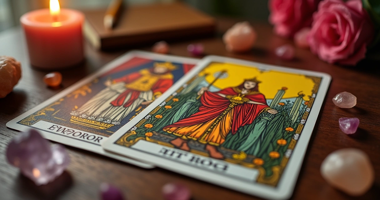 Espalhamento de cartas de tarot em uma mesa de madeira com velas, cristais e anotações sobre amor.