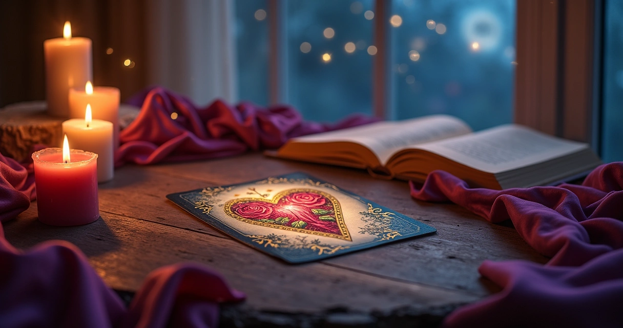 Tarot card with a heart and roses on a wooden table, surrounded by candles and mystical symbols in the background.