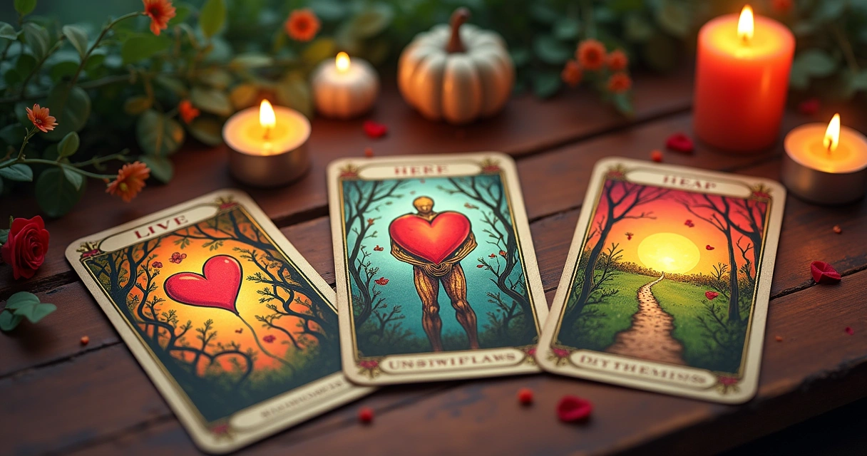 Ilustração de um jogo de cartas de tarot representando amor, com velas e plantas ao fundo.