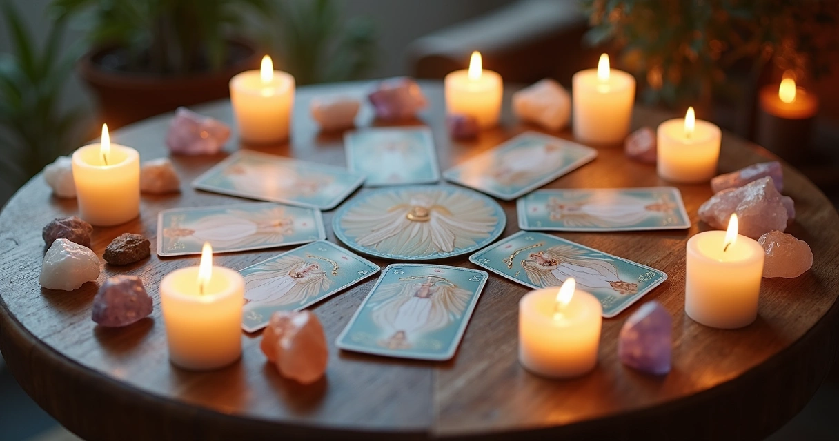 Mesa com cartas do tarô dos anjos dispostas em círculo com cristais e velas acesas ao redor 