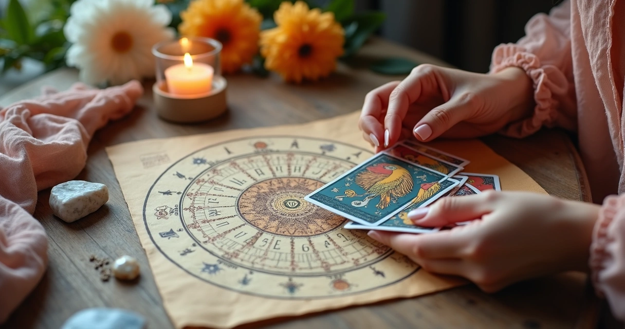 Mesa com cartas de tarot ao lado de mapa astral colorido, mãos femininas segurando carta 