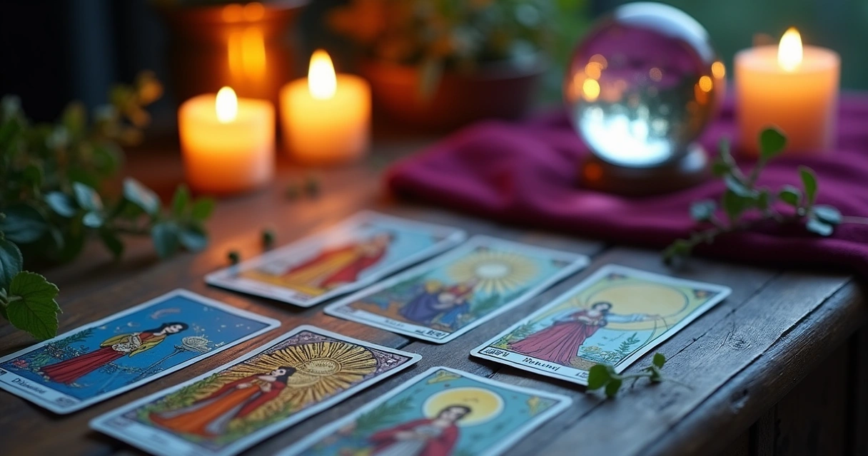 Spread of colorful tarot cards on a wooden table with candles and a crystal ball, symbolizing self-discovery.