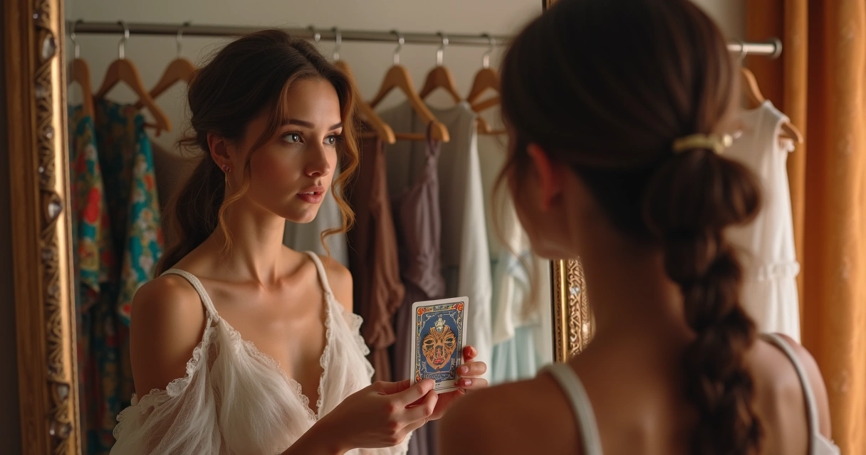Mulher tirando carta de tarot diante do espelho com roupas expostas ao fundo 